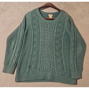 LL Bean Womens Size Large Green Cotton Cable Knit Fisherman Sweater 280394